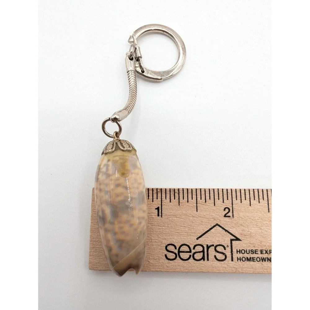 Vintage Natural Olive Sea Shell Keychain Silver Tone‎ Snake Chain Souvenir Boho
